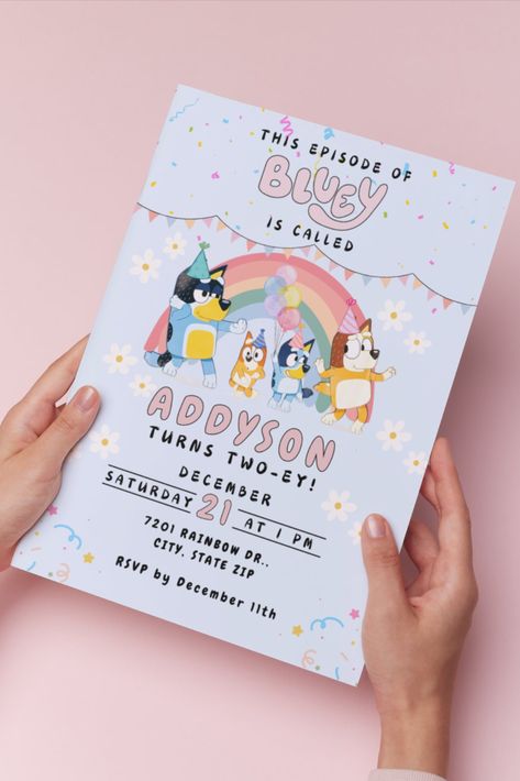 Bluey Invitation, Editable Girl Birthday Template for Kids, Digital Bluey Invite, Customizable Bluey Birthday Invite Template https://etsy.me/4fu0Bok #birthday #blueybirthday #blueygirlinvite #blueybirthdaygirl #blueythemeparty #editableinvite #editableinvitation #blueypartyinvite #kidsbirthdayinvite Bluey Themed Invitation, Bluey 2 Birthday Party, 2nd And 4th Birthday Party Combined, Two Bluey Birthday, Bluey First Birthday Party Ideas Girl, Bluey Themed Birthday Party Girl, 2nd Birthday Party Bluey, Bluey Girl Birthday Party Ideas, Bluey Second Birthday Party