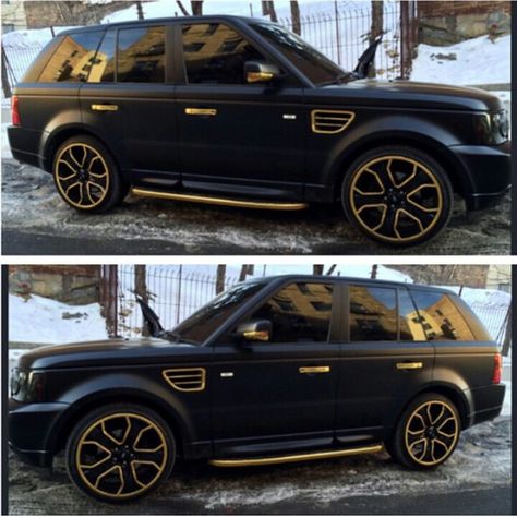 LG EXOTIC AUTO TRANSPORT Got one?  Ship it with http://LGMSports.com Big beast! Black And Gold Range Rover, Pink Range Rovers, Benz Coupe, Blacked Out Cars, Wrapping Car, Password Organizer, Toyota Harrier, Gold Car, Car Wraps