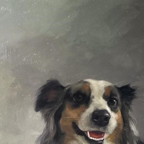 Jennifer Gennari on Instagram: "Just testing the warmth of these sheets fresh out of the dryer. Verdict- perfectly cozy. #allaprima #allaprimaportrait #petportrait #commission #commissionedart #realism #wip #fineart #dogportrait #animalpainting #animalportrait #petstagram #dogsofinstagram #dogstagram #cozy #brushstrokes #oilpainting" Jennifer Gennari, Art 2024, Animal Portraits Art, Paint And Sip, Dog Paintings, Cat Painting, Australian Shepherd, Dog Portraits, Pet Portrait