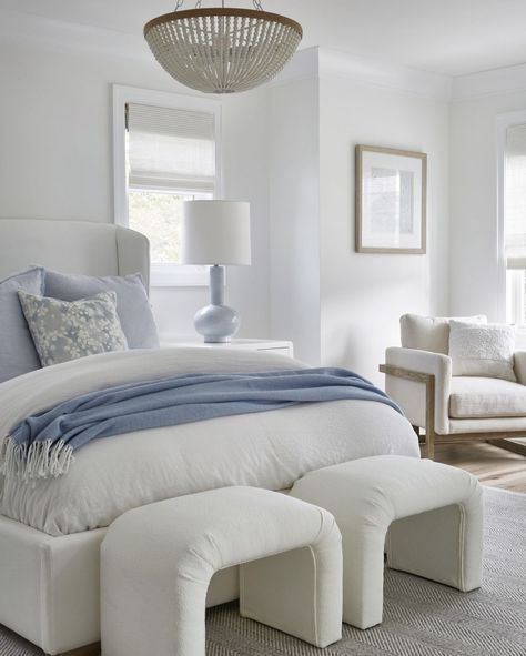 White Bed With Blue Accents, White Light Blue Bedroom, White And Blue Bedding Ideas, Blue Throw Blanket On Bed, White Bedroom With Blue Accents, White And Light Blue Bedroom, White Bedding With Blue Accents, Cornflower Blue Bedroom, White Glam Bedroom