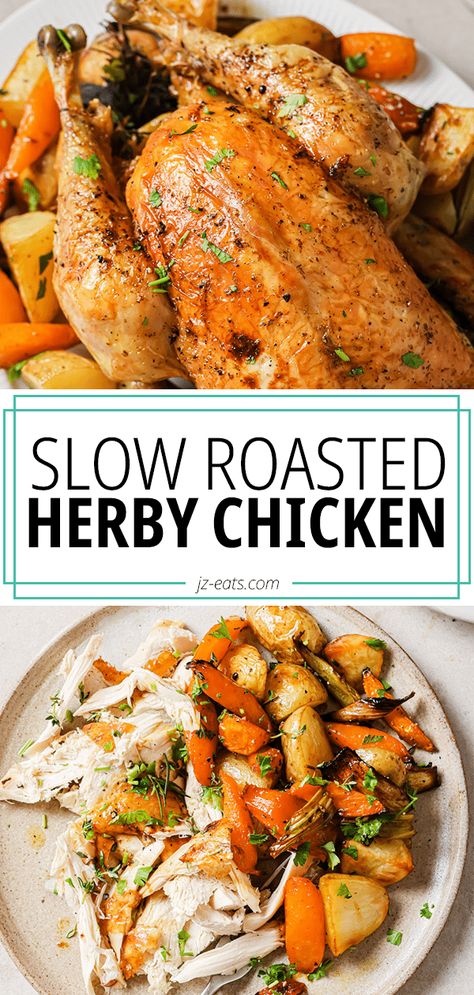 slow roasted chicken on a plate with veggies Roast Chicken And Vegetables One Pan, Chicken Roasted Vegetables, Slow Roasted Whole Chicken In Oven, Oven Slow Cooked Chicken, Crock Pot Roasted Chicken, Chicken Pot Roast Recipe, Roasted Chicken With Vegetables, Roast Chicken Crock Pot, Slow Roast Chicken