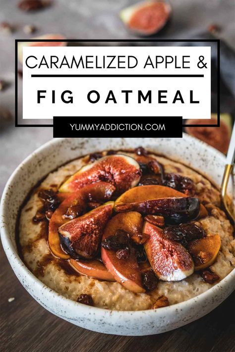 Caramelized apple oatmeal with figs is a hearty, healthy breakfast perfect for warming up a chilly fall morning. Syrupy stovetop caramelized apples, fresh figs, and a bowl of tender oats is the perfect way to get your day started. #apple #fig #breakfast #oatmeal #cinnamon Fig Porridge, Fig Breakfast, Fig Oatmeal, Figs Breakfast, Oatmeal Cinnamon, Chilly Fall Morning, Crockpot Oatmeal, High Fiber Breakfast, Caramelized Apples