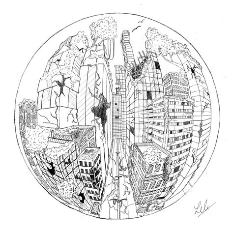 post apocalyptic cityscape in 5 point perspective- VCE AME Post Apocalyptic Drawing, 5 Point Perspective Drawing, Terrarium Illustration, 5 Point Perspective, Object Drawing, Point Perspective, Perspective Art, Perspective Drawing, Post Apocalyptic