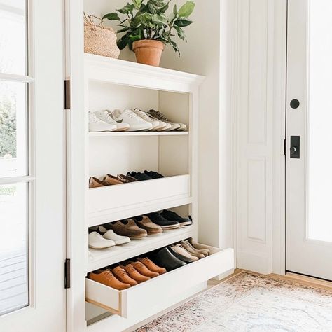 20 Genius Shoe Storage Ideas for Small Entryway Wardrobe Shoe Storage Ideas, Between Studs Shoe Storage, Small House Shoe Storage Ideas, Deep Shoe Storage, Shoe Storage Inside Closet, Shoe Storage In Small Closet, Shallow Shoe Storage, Cheap Shoe Storage Ideas, Small Shoe Closet Ideas