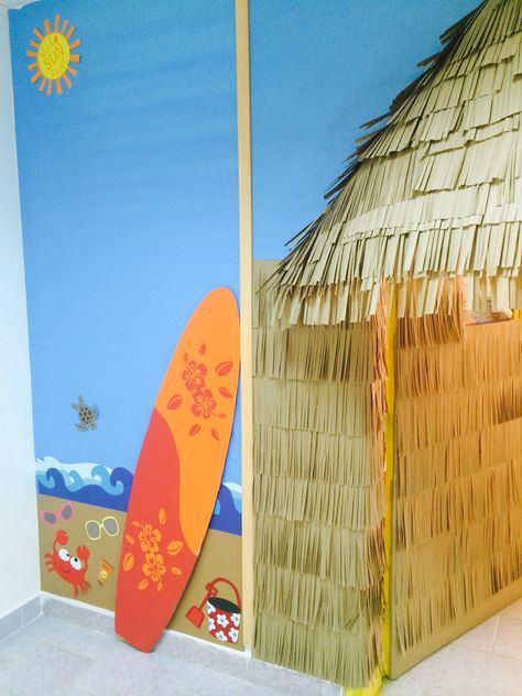 Tiki hut  classroom door and wall decor. Hawaii Theme Room Ideas, Beach Classroom Decorations, Hawaiian Classroom Door, Beach Door Decorations Classroom, Flamingo Classroom, Beach Classroom, Beach Theme Classroom, Teacher Appreciation Doors, Ocean Classroom