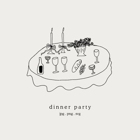 Nancy Meyers Dinner Party, Dinner Party Drawing, Whimsical Dinner Party, Dinner Party Illustration, Brunch Illustration, Dinner Illustration, Tiny Illustrations, Clipart Drawings, Wedding Illustrations