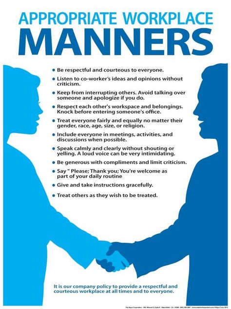 PRICES MAY VARY. Workplace Manners Poster 18" x 24" Full Color Poster Laminated front and back The appropriate Workplace Manners Poster promotes the proper conduct necessary for any healthy workplace environment. In essence, this poster reinforces the message of treating everyone with respect, dignity, and courtesy. Appropriate manners and acceptable behavior increases productivity; and creates a healthy attitude while at work. Business Writing Skills, Work Etiquette, Good Leadership, Good Leadership Skills, Etiquette And Manners, Labor Law, Work Skills, Leadership Management, Business Writing