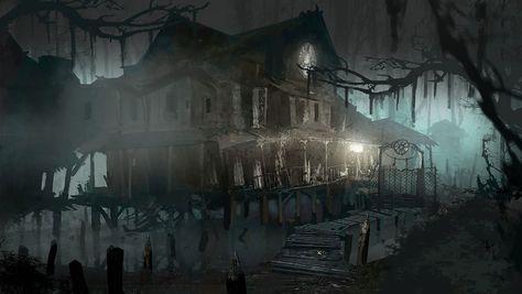 Swamp House Concept Art from Resident Evil 7: Biohazard Swamp House, Resident Evil 7 Biohazard, Resident Evil 7, Riverside House, Southern Gothic, Horror House, Post Apocalypse, Concept Art Character, House Art