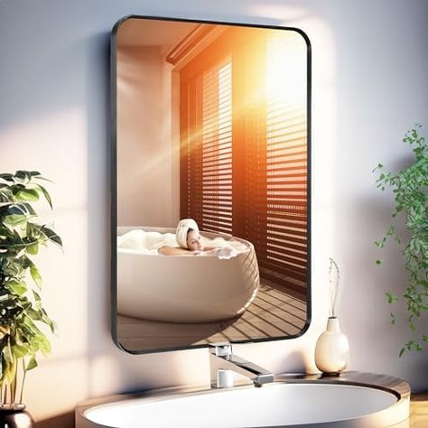 20x30 inch mirror Amazon $39.99 Corner Bathroom Mirror, Black Bathroom Mirror, Corner Bathroom, Bathroom Ambiance, Decor For Bathroom, Silver Bathroom, Tranquil Bedroom, Over Sink, Bathroom Mirrors