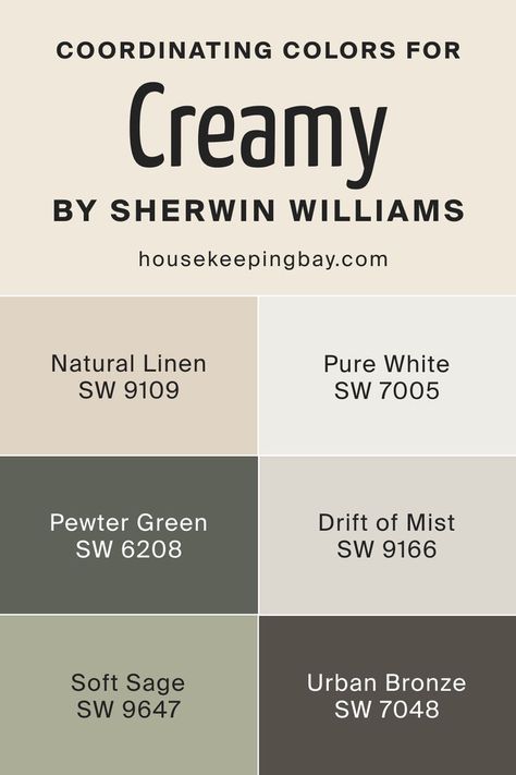 Creamy SW 7012 by Sherwin Williams - Coordinating Colors Sw Settlement Paint, Sable Sherwin Williams, Sherwin Williams Historical Paint Colors, Crisp Linen Sherwin Williams, Pewter Green Sw, Drift Of Mist, Urban Bronze, Pewter Green, Shoji White