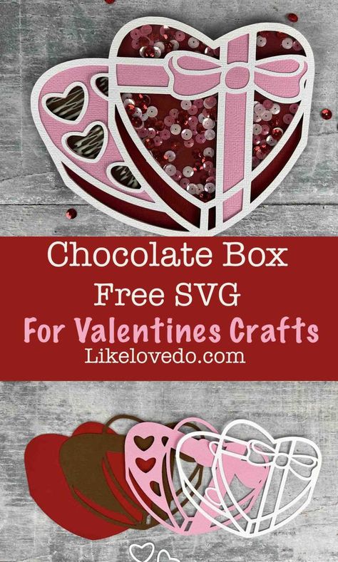 Make this pretty chocolate box shaker card for Valentines day with this free Layered Chocolate Box SVG out of card cut with the Silhouette or Cricut Cricut Valentine Ideas, Free Valentine Svg Files, Cricut Valentines Projects, Valentine Svg Files, Box Of Chocolates, Valentine Projects, Valentine Chocolate, Layered Svg, Card Toppers