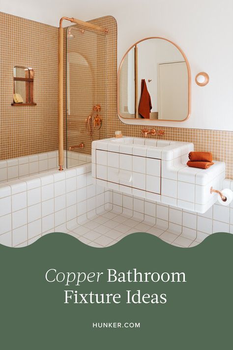 These copper faucet ideas will blow your mind. Whether you go for a single-handle look with a matching pop-up drain or a two-handle option that's wall-mounted, it will blend in beautifully with all sorts of design styles, from rustic to traditional. #hunkerhome #bathroomfixtures #bathroomcopperfixture #copperfixture #copperfixtureideas Bathroom Copper Accents, Copper Bathroom Fixtures, Off White Bathroom, Copper Bathroom Faucet, Copper Faucet, Gold Light Fixture, Copper Tub, Copper Bathroom, Sleek Bathroom