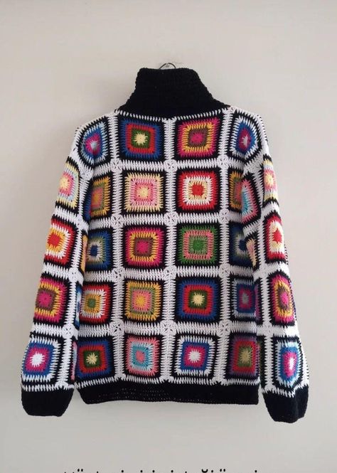 Granny Square Pullover Sweater, Colorful Crochet Sweater, Granny Square Pullover, Crochet Turtleneck Sweater, Crochet Turtleneck, Sweater Handmade, Colorful Sweatshirt, Crochet Jumper, Sweater Crochet