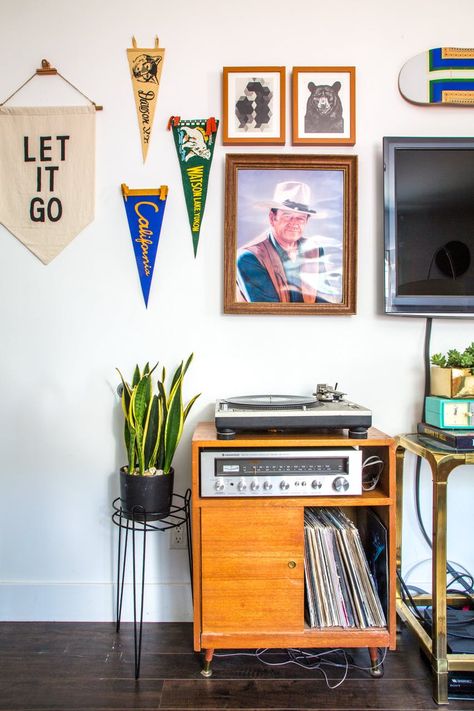 How We Decorate With Pennants - Studio McGee Gallery Wall With Pennant Flag, Pennant Flag Wall Decor, Pennant Flags Decor, Gallery Wall With Pennant, Vintage Pennant Decor, Pennant Gallery Wall, Pennant Decor, Pennant Wall, Feminine And Masculine