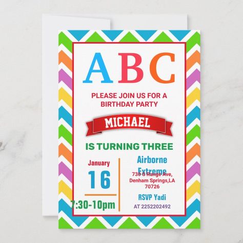 Colorful ABC Kids Alphabet Birthday Party Invitation | Zazzle.com Alphabet Birthday Parties, Abc Birthday Parties, 3rd Birthday Party For Boy, Alphabet Party, Alphabet Birthday, Abc Party, Neutral Party, Kids Alphabet, Abc Kids