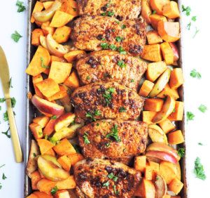 Pork Chops With Sweet Potatoes, Sheet Pan Pork Chops, Pork With Apples, Honey Glazed Pork Chops, Sheet Pan Pork, Honey Pork Chops, Pan Pork Chops, Honey Pork, Apple Pork Chops