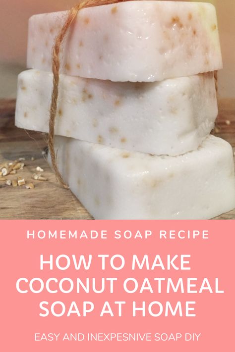 This homemade coconut oatmeal soap recipe gives your DIY soap great texture and an amazing scent. Easy to make and can work as an inexpensive party favor or holiday gift. #homemadesoap #diysoap #howtomakesoap Coconut Soap Recipe, Vegan Soap Recipe, Oatmeal Soap Recipe, Coconut Oil Soap Recipe, Shea Butter Soap Recipe, Milk Soap Recipe, Natural Soaps Recipes, Goat Milk Recipes, Homemade Coconut Oil