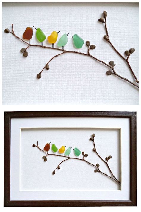 Pebble Art Birds, Sea Glass Diy, Sea Glass Art Diy, Birds Wall Art, Sea Glass Art Projects, Beach Glass Crafts, Glass Art Pictures, Glass Art Projects, Beach Glass Art