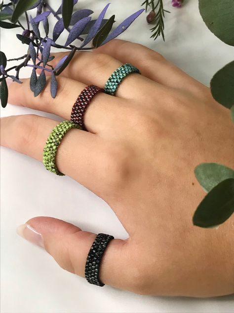 Handmade item -material : delicate and best miyuki beads -Size can be choose in any size  -width: 6 mm (0.2)   feel free to check our instagram page: Instagram: @tinyyislands Thanks for visiting✨ Seed Bead Rings, Miyuki Ring, Miyuki Bead, Rings Green, Bead Rings, Bond Paper Design, Beaded Earrings Native, Page Instagram, Green Ring