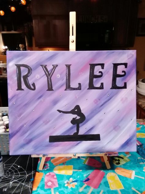 Gymnastics canvas for my niece painted by Heather Gymnastics Canvas Painting, Gymnastics Painting Ideas, Gymnastics Crafts, Gymnastics Motivation, Cheerleading Camp, Painting Picasso, Gymnastics Ideas, Cheerleading Fundraiser, Gymnastics Camp