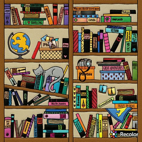 Painted Bookshelves, Bookshelf Art, Bookcase Diy, Cats Artists, Bookmarks Handmade, Colorful Landscape, Watercolor Art Prints, Coloring Pictures, Cute Illustration