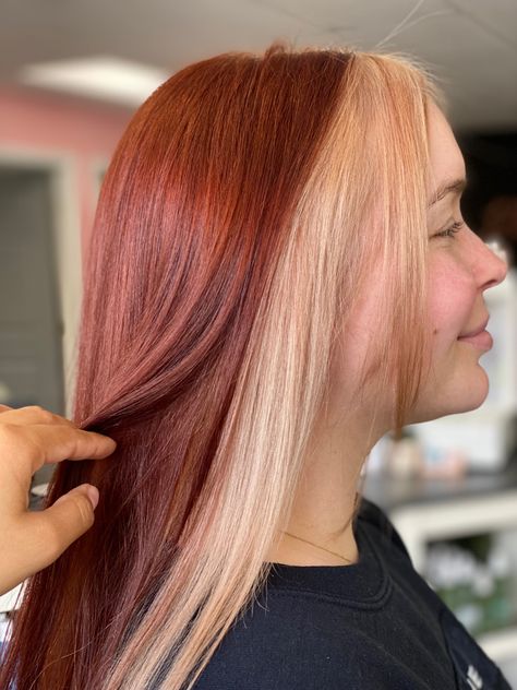 Copper Hair Blonde Halo, Copper Colour Block Hair, Red And Blonde Halo Hair, Red Hair Blonde Halo, Ginger Halo Hair, Blonde Halo Hair Color With Red, Red Hair With Blonde Halo, Copper Halo Hair, Red With Blonde Underneath