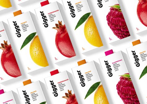 Gigger - packaging design for juice on Behance Strawberry Juice Packaging, Strawberry Packaging Design, Natural Juice Packaging, Fruit Juice Packaging Design, Fruit Packaging Design, Juice Packaging Design, Fruit Juice Brands, Fruit Juice Packaging, Apple Packaging