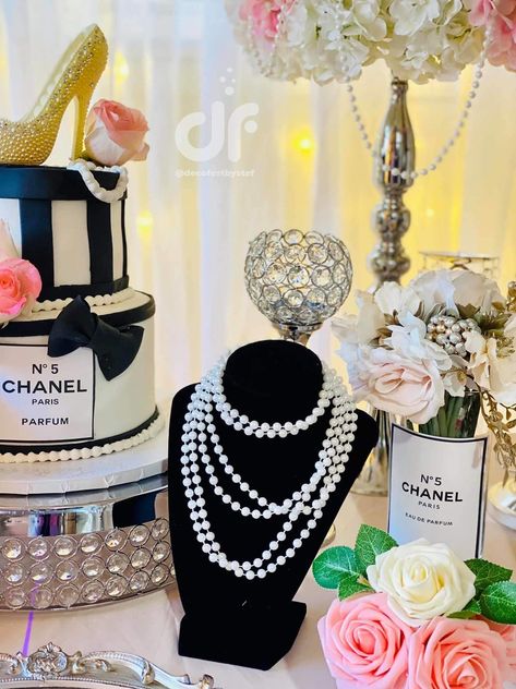 Chanel No. 65 birthday party  | CatchMyParty.com Chanel Birthday Party Ideas, Coco Chanel Birthday Party, Coco Chanel Birthday, Coco Chanel Party, 65 Birthday, Chanel Birthday Party, Chanel Birthday, Chanel No5, Chanel Party