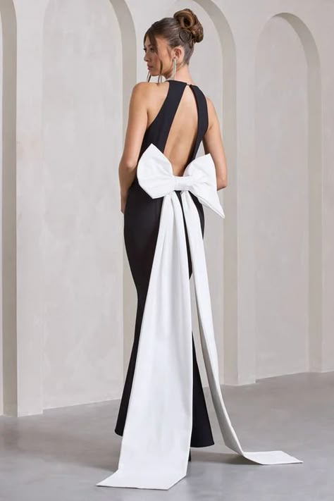 New In Shop The Hottest Trends & Newest Collections – Club L London - USA Long Dress With Bow On Back, Black And White Mother Of Bride Dress, Statement Dress Classy, Black Tie Event Dresses, Evening Clothes, Open Back Maxi Dress, Dress Idea, Black Dress Prom, Black Tie Gala