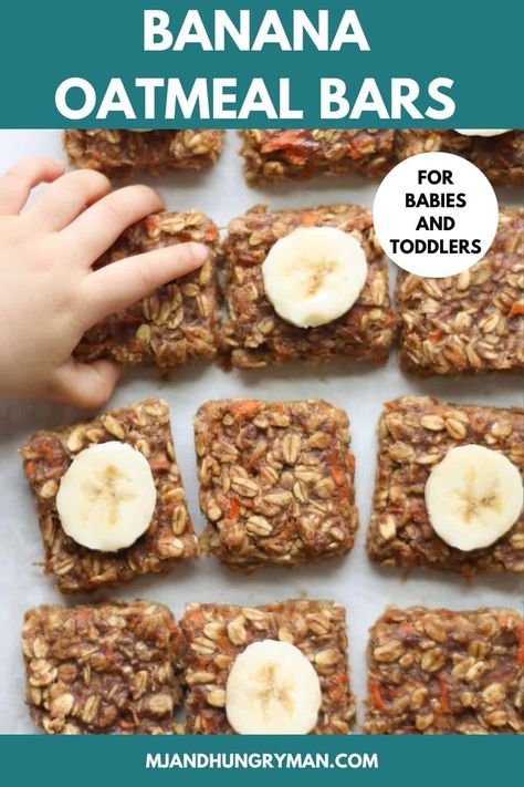 Soft and chewy, these healthy banana oatmeal bars are super easy to make with just a handful of pantry items. They're the perfect make-ahead, grab-n-go breakfast, snack, or dessert. Soft Baked Banana Oatmeal Bars, Toddler Snacks With Banana, Toddler Banana Oatmeal Bars, No Bake Toddler Snacks, Baby Oatmeal Bars, Toddler Oatmeal Bites, Toddler Oatmeal Bars, Oatmeal Bars For Toddlers, Oat Bars For Toddlers