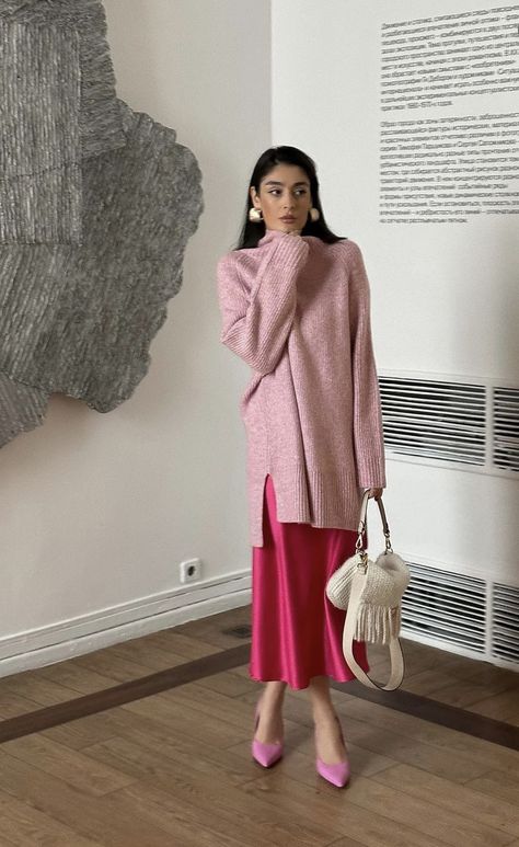 Elegant Spring Aesthetic, Tonal Pink Outfit, Wrap Dress Layering Outfit, Luxurious Winter Outfits, Maternity Modest Outfits, Classy Outfits Modest, Colorful Summer Skirt, Colorful Elegant Outfits, Modest Preppy Outfits