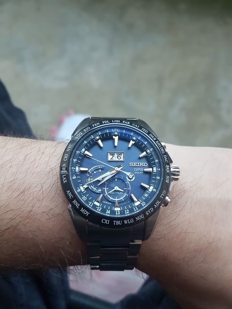 My Seiko Astron 8x Dual Time.  Handmade in Japan with built in calendar until 2100, runs on absorbed photons and synchronizes its internal quartz movement against gps satellites.   Excellent mix between function, beauty and durability to the point of almost indestructible. Claimed by Seiko to last a lifetime and I dont doubt them since after over a year of daily use not a single scratch on the bracelet and obviously not on the sapphire, coated to minimize reflections... Function Beauty, Atomic Clock, Seiko Astron, Solar Watch, Seiko Watch, Amazing Watches, Time Zones, Seiko Watches, Breitling Watch