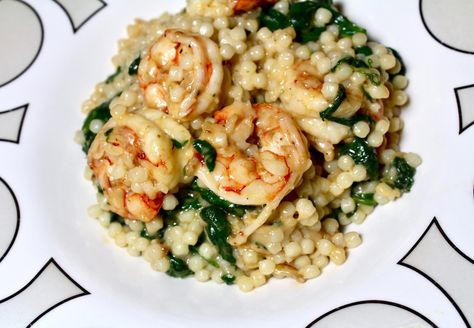 Shrimp & Spinach Parmesan Couscous Parmesan Couscous, Shrimp Couscous, Pearl Couscous Recipes, Shrimp Spinach, Spinach Parmesan, Delicious Healthy Meals, Pearl Couscous, Couscous Recipes, Fine Dining Recipes