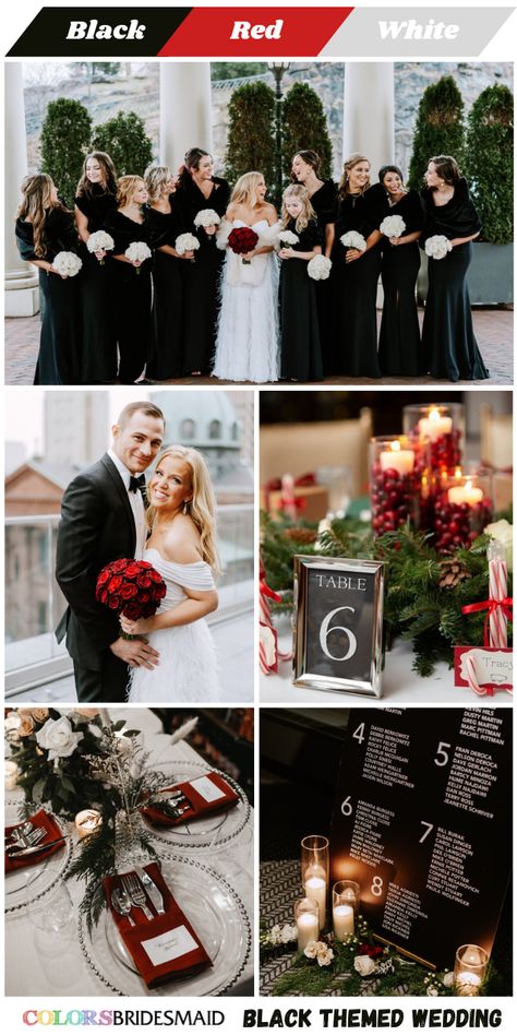 Black And White Hint Of Red Wedding, Red Black And Grey Wedding Ideas, Black White And Dark Red Wedding, Black And White Wedding With Red Accent, Red And Black Western Wedding, White Black Red Wedding, Black White And Red Wedding Theme, Red White And Black Wedding Theme, Black And White Christmas Wedding