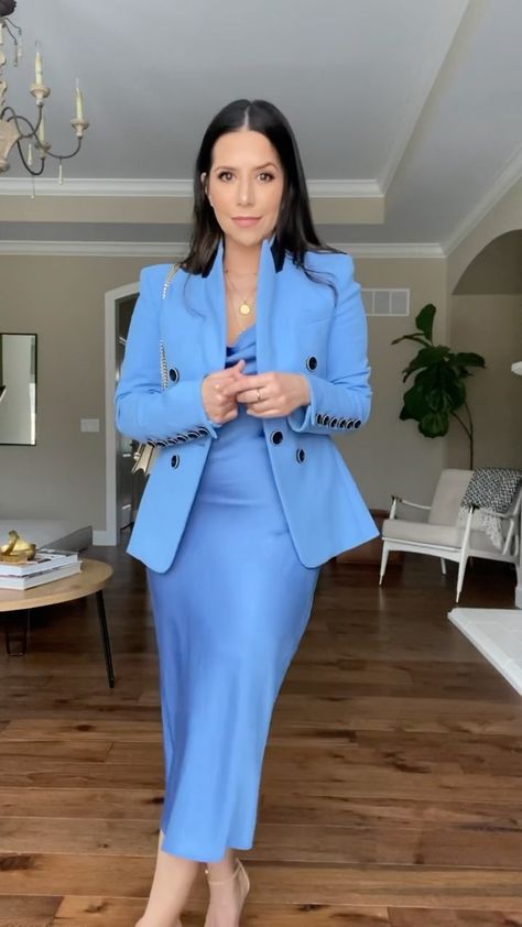 Skirts And Blazers Outfit, Blue Office Outfit, Dress Outfits For Work, How To Style Blazers Women, Blazer And Dress Outfit, Dress With Blazer Outfit, Blue Blazer Outfits For Women, Navy Blue Dress Outfit, Dress And Blazer Outfit