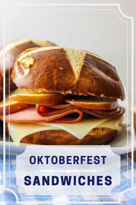 Oktoberfest sandwiches German Sandwiches, Thanksgiving Entree, Catering Recipes, Pretzel Sandwich, Pretzel Buns, Food Authentic, German Food Authentic, Muenster Cheese, Grainy Mustard