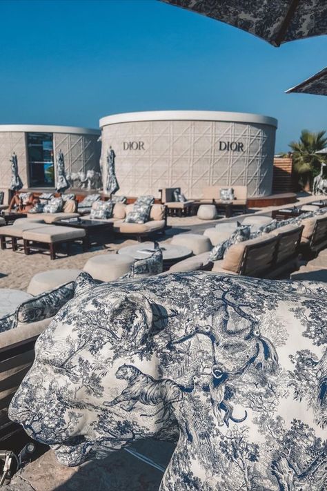 The Dior Pop-up store at the restaurant Nammos in Dubai. The theme of the brand can be seen throughout the location including a small Dior store with luxury items to purchase as well as beach beds and lounges in the Dior design. Nammos Dubai, Dubai, The Beach, Dior, Restaurant, Instagram Photos, Photo And Video, Instagram Photo, Travel