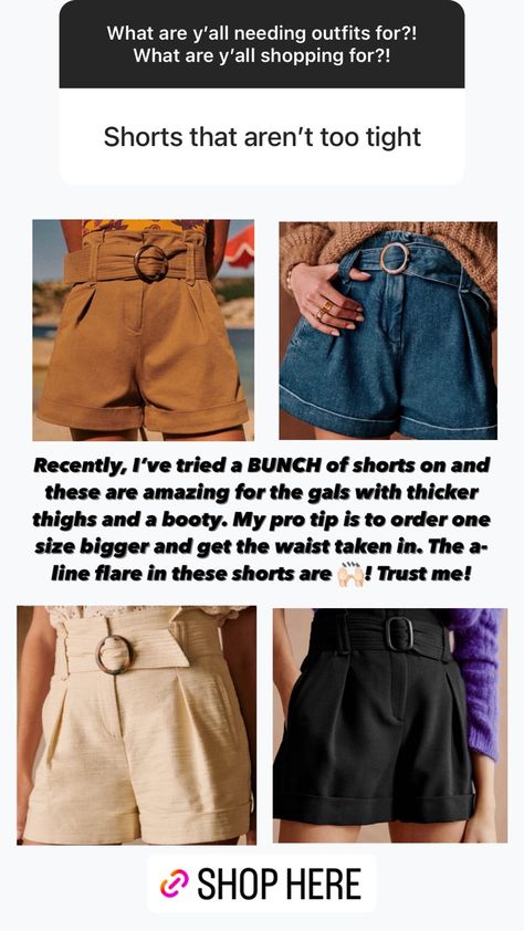 Best shorts for thick thighs and a booty Thick Thigh Outfits, Shorts For Thick Thighs, Best Shorts, Styling Outfits, Paper Bag Shorts, Glow Up Tips, Pretty Clothes, Shopping Ideas, Nice Shorts