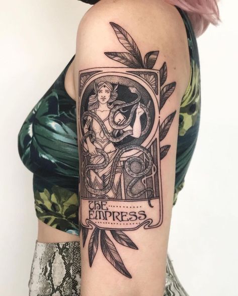 - P H I A - on Instagram: “The Empress Tarot card with a snake and olive branches 🌿 Thank you, Maya!!” Empress Tarot Card Tattoo, The Empress Tarot Tattoo, Empress Tattoo, Tarot Tattoos, Crystal Ball Tattoo, Tattoo 2022, The Empress Tarot, Ink Pot, Empress Tarot Card