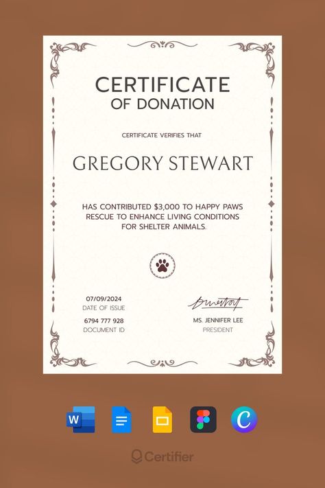 Showcase your gratitude with a timeless touch using our formal yellow donation certificate template. Perfect for acknowledging ongoing contributions, this elegantly designed certificate is easy to edit and ready to download. With Certifier's flexible design tools, you can reflect your charity's branding and donors' unique contributions. Make sure you're using digital certificates to ensure quick distribution and less environmental impact. Yellow Template, Charity Branding, Digital Certificate, Certificate Of Appreciation, Certificate Design, Design Tools, Flexible Design, Certificate Templates, Gratitude