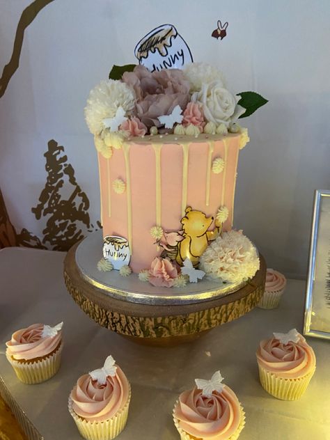 Winnie The Pooh Cake 2 Tier, Pink Winnie The Pooh Centerpieces, Pink Winnie The Pooh Cake, Winnie The Pooh Baby Shower Cake Girl, Winnie The Pooh 1st Birthday Girl, Winnie The Pooh Baby Shower Cake, Pink Winnie The Pooh Baby Shower Ideas, Winnie The Pooh Centerpiece Ideas, Pink Winnie The Pooh