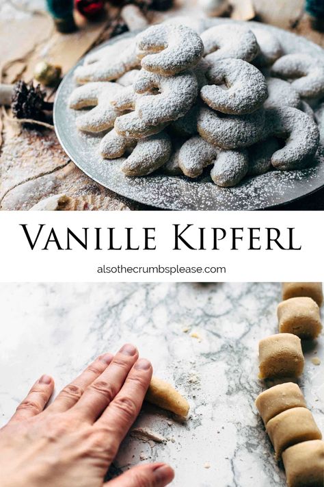 Authentic and best Austrian Vanillekipferl Recipe - fully translated into English and adapted to US measuring. Just 7 ingredients and super easy to make. Krampus Recipes, Austrian Cookie Recipes, Krampus Dessert, Vanilla Kipferl Recipe, Kipferl Cookies, Austrian Cookies, Serbian Desserts, Vanilla Kipferl, Krampus Party