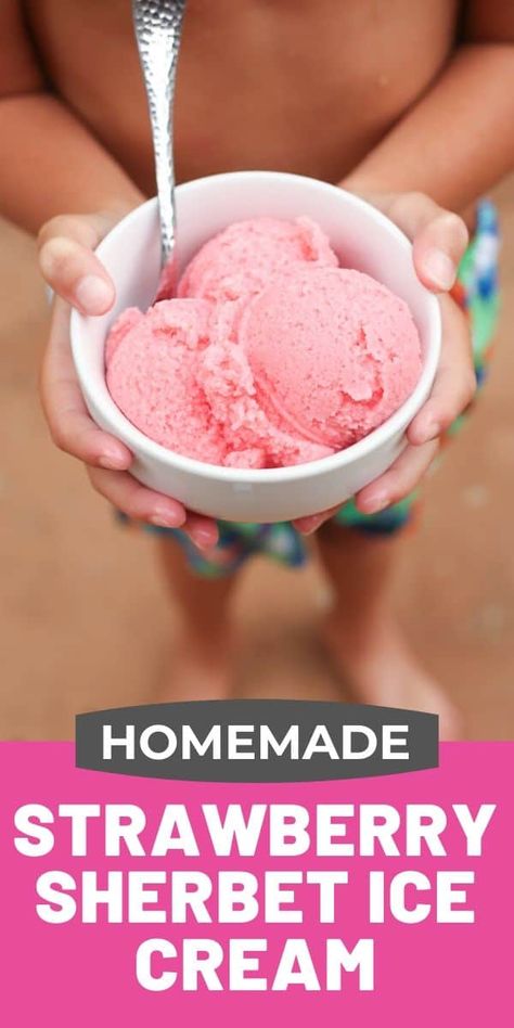 This strawberry homemade ice cream recipe has a sherbet texture. It has a secret ingredient that makes it so easy and tasty! Ice Cream Maker Recipes Healthy, Strawberry Sherbet, Homemade Ice Cream Recipe, Vegan Popsicles, Ice Cream Salt, Sherbet Ice Cream, Sherbet Recipes, Homemade Strawberry Ice Cream, Ice Cream Recipes Machine