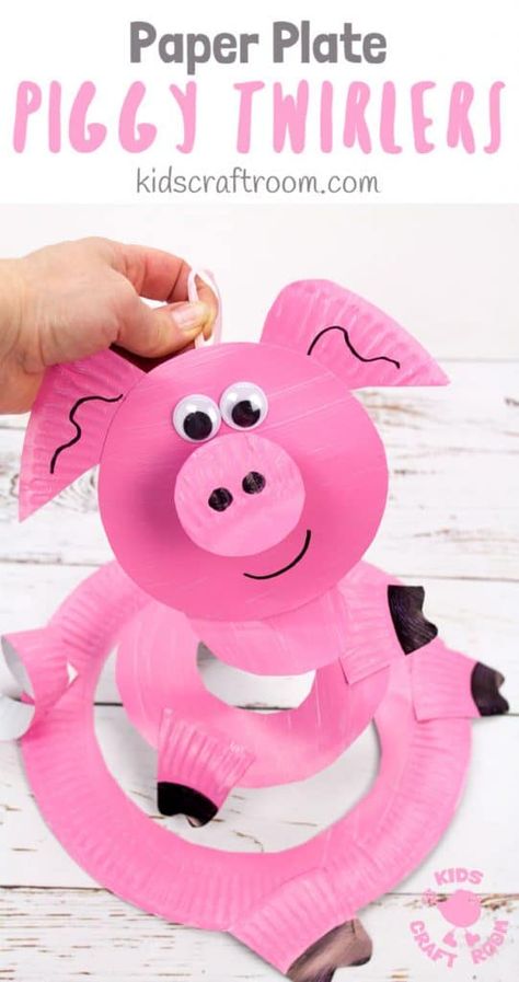 This Paper Plate Pig Twirler is adorable! A simple pig craft that's really quick and easy to make. Hold your pig twirler craft up and give it a blow to see it spin round and round. Such a fun paper plate craft for kids. Great for farm animal themes and Chinese year of the pig. #kidscraftroom #pigcrafts #pigs #paperplates #paperplatecrafts #twirlers #whirligigs #preschoolcrafts #toddlercrafts Paper Plate Pig Craft, Pig Crafts For Kids, Farm Vbs, Crocodile Craft, Paper Plate Craft, Farm Animal Crafts, Animal Themes, Farm Animals Theme, Paper Plate Crafts For Kids