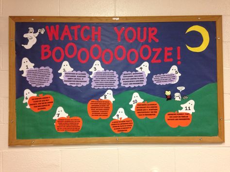 Halloween themed Alcohol Awareness Bulletin Board Alcohol Bulletin Board, Ra Bulletin Board Ideas, Halloween Bulletin Board Ideas, Dorm Bulletin Boards, Res Life Bulletin Boards, October Bulletin Boards, November Bulletin Boards, Kindergarten Bulletin Boards, College Bulletin Boards