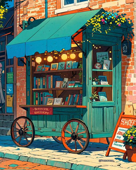 A book stall on wheels, in the evening glow, City streets alive, a gentle flow, Pages turning, tales unfold, Evening vibes warm the stories told. 📚✨ . . . . . . . #aiart #aiartcommunity #aiartwork #aiartdaily #aiartfamily #aiartist #aipainting #aipainter #midjourney #lofi #stablediffusion #comfyui #playgroundai #leonardoaiart #prernaverse #artexploration #digitalart #mobilebookstore #bookstall #bookstand #booklover Bookstore Drawing Illustrations, Book Shop Illustration, Host A Book Club, Studio Ghibli Wallpapers, Ghibli Wallpapers, Self Drawing, Evening Vibes, Book Lovers Book, Travel Art Journal