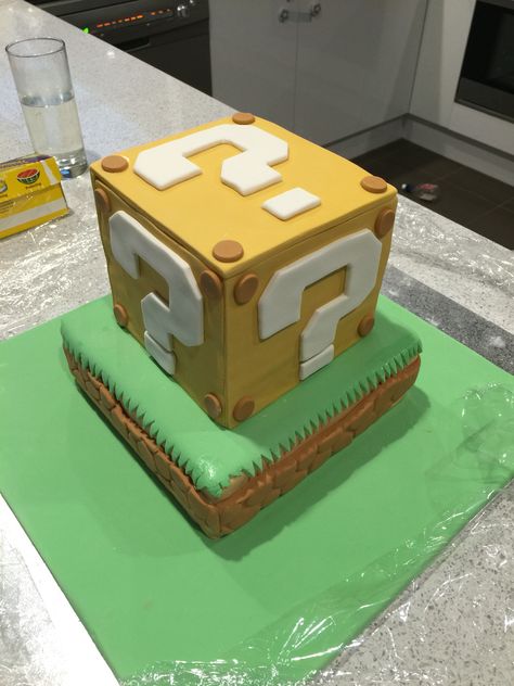 Mario lucky block cake Mario Mystery Block Cake, Boyscout Cake, Nintendo Birthday Party, Cake 2023, Mario Birthday Cake, Super Mario Cake, Nerf Birthday Party, Roblox Cake, Mario Cake