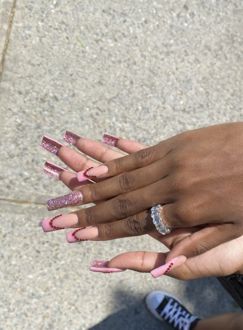 Insta: @k.onthenails 💓 Red Rhinestone, Glitter, Engagement Rings, Nails, Red, Pink