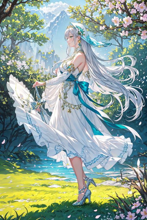 "Step into a serene summer with our latest digital art collection. Discover the ethereal beauty of a woman adorned in a pastel blue summer dress, her silver hair dancing in the gentle breeze among blooming cherry blossoms. A tranquil masterpiece awaits to elevate your space. #SummerSerenity #DigitalArt" Girl Digital Art, Enchanted Characters, Anime White, Blue Summer Dress, Summer Elegance, Nature Goddess, Anime Prince, Dnd Stuff, Blue Summer Dresses