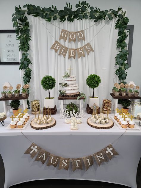 Baptismal Table Set Up, Party In House Decoration, Confirmation Decoration Ideas, Conformation Party Ideas Confirmation Cakes, Confirmation Ideas Decorations, Confirmation Party Food, Confirmation Backdrop Ideas, Bautizo Table Decoration, Conformation Party Idea